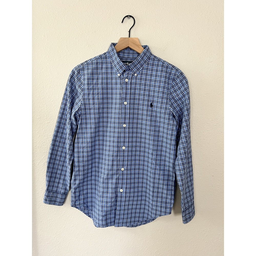 Ralph Lauren Shirt Boys Blue Plaid Check Long Sleeve Button Up 100% Cotton Sz 16